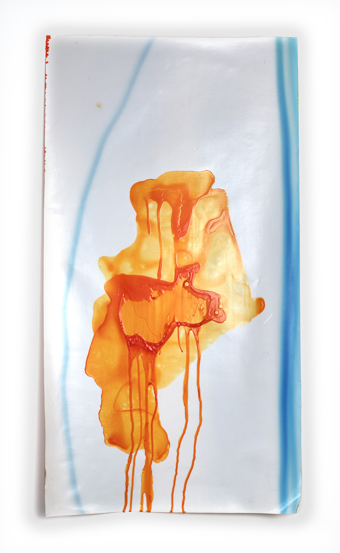 Pinhole orange_gravity, Double sided inkjet print, ink, varnish, 145 x 60cm on daguerreotype canvas