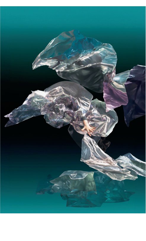 A photo painting of crumpled silver film floating against a teal and black ground