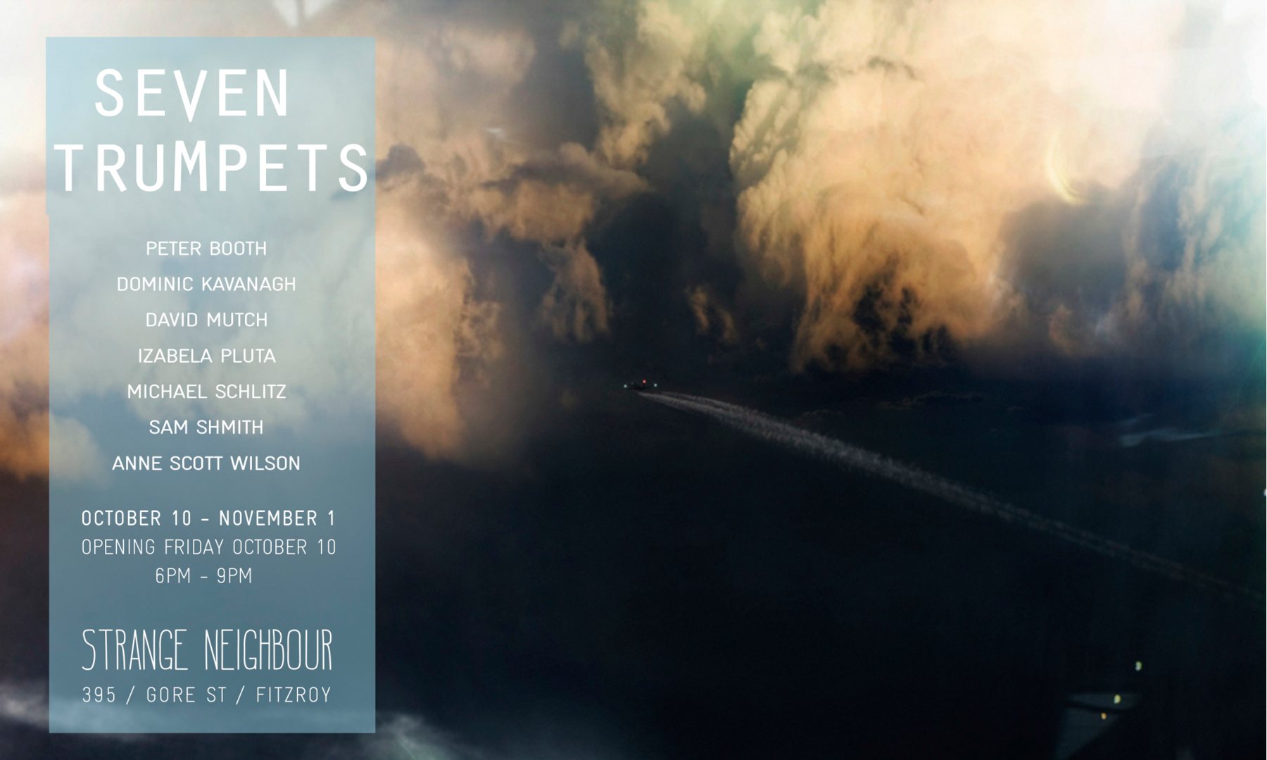 Seven Trumpets invitation: the title and artists’ names over a smoky landscape photograph