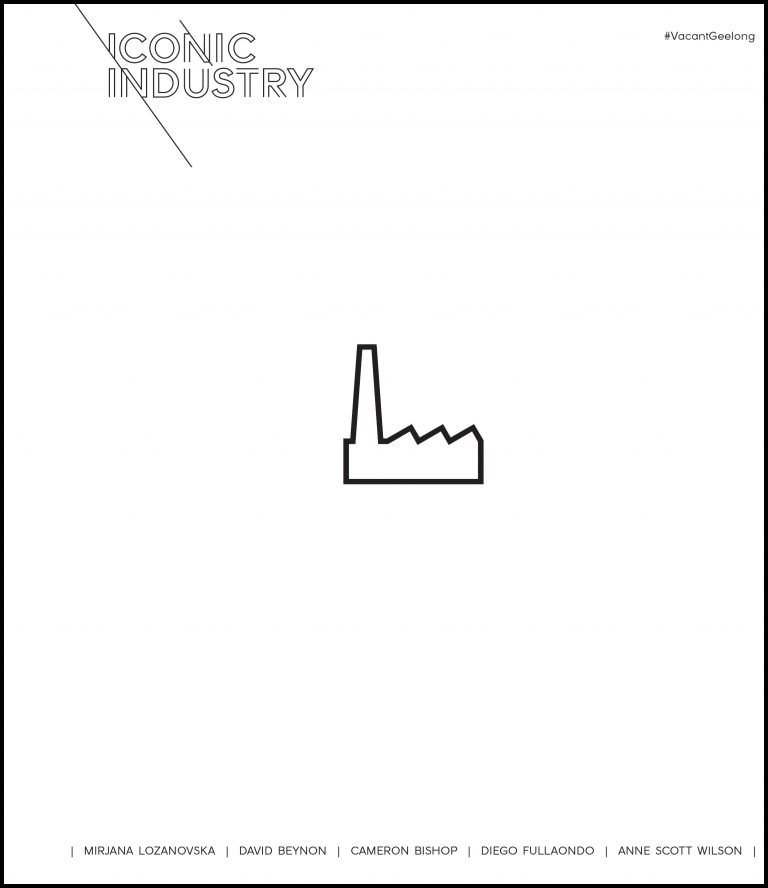 Cover of the book Iconic Industry, with a line drawing of a factory